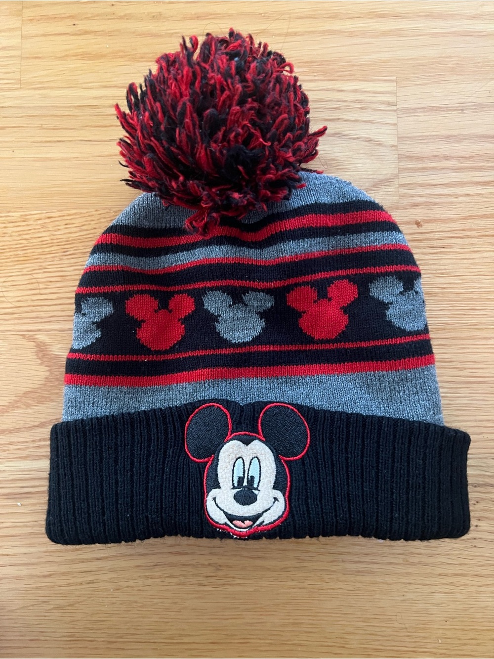 Disney Mickey Mouse Kids Pom Beanie Hat - Red, Black, Gray